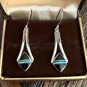 Kenneth Bitsie Navajo Sterling Silver Onyx & Opal Inlay Dangle Earrings